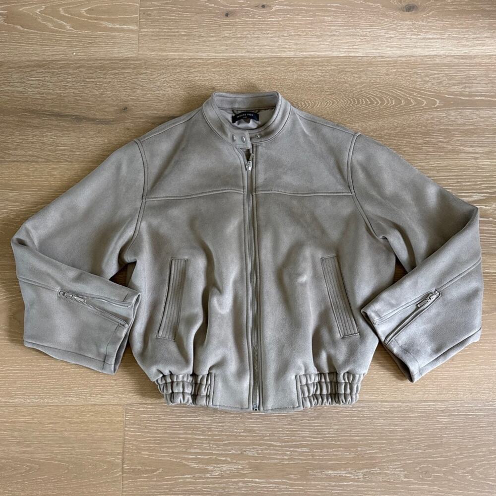 White Fox Bomber Jacket Faux Suede Waychin' Out Size S/M Sand Beige